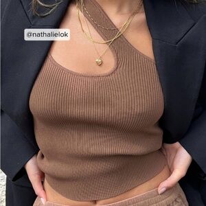 NA-KF Brown Ribbed Asymmetrical Top